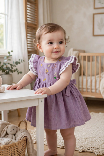 Purple Floral Embroidered Linen Dress