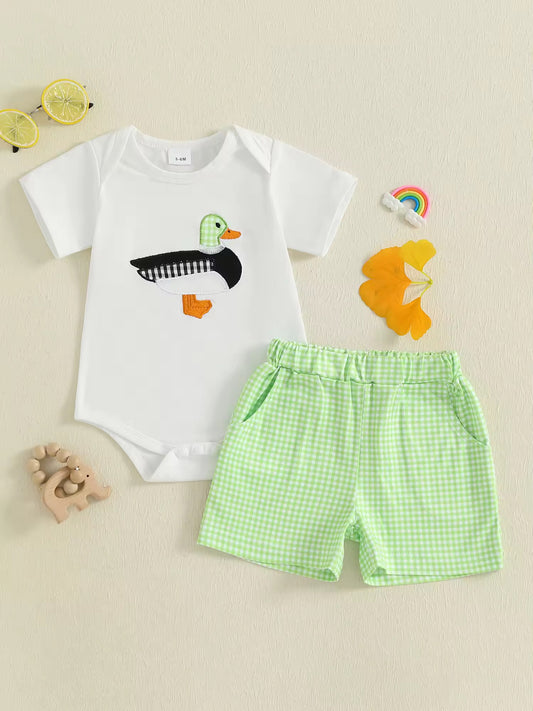 Baby Boy Duck Embroidery Set with Gingham Shorts