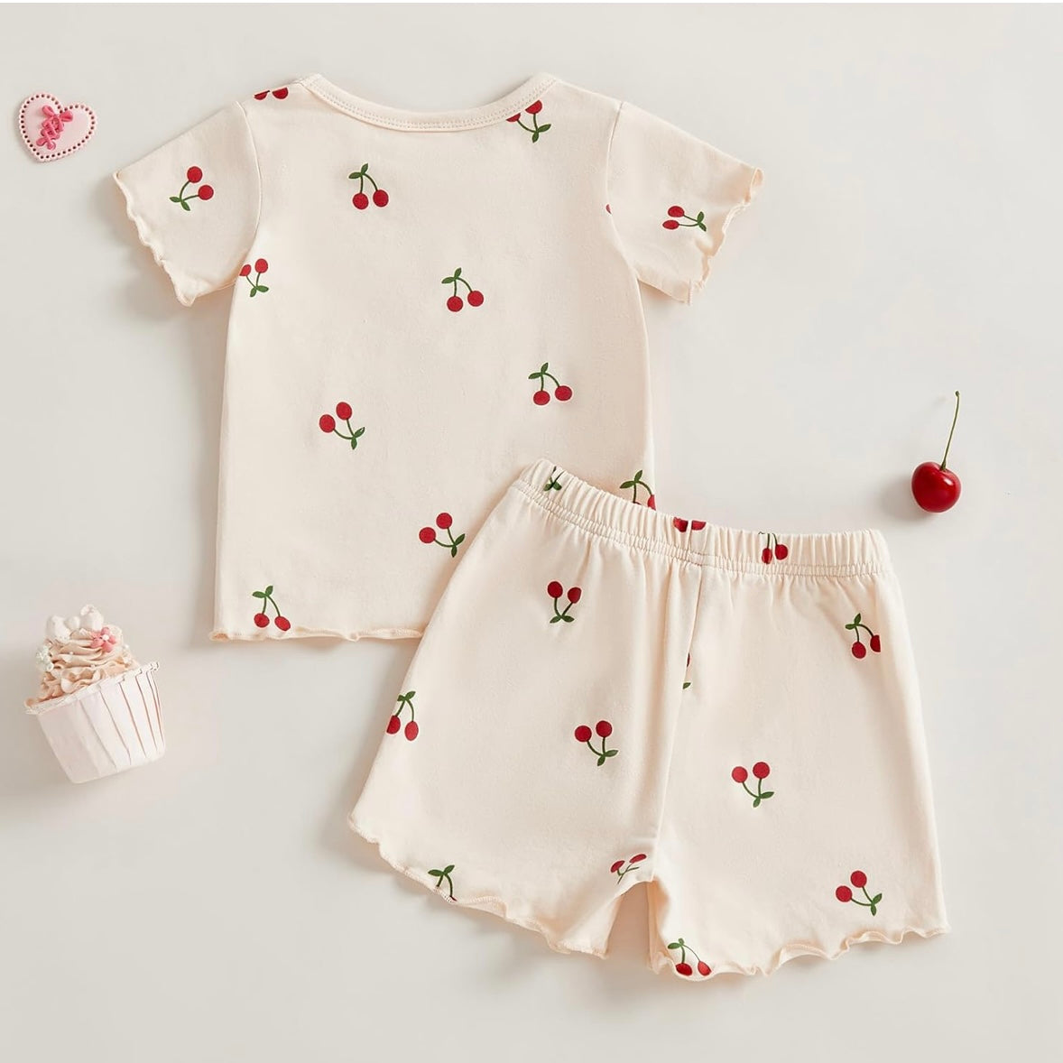 Beige Cherry Print Top & Shorts Set