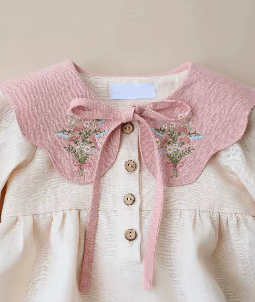 Floral Embroidered Collar Cotton Linen Romper