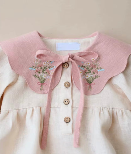 Floral Embroidered Collar Cotton Linen Romper