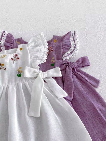 Purple Floral Embroidered Linen Dress