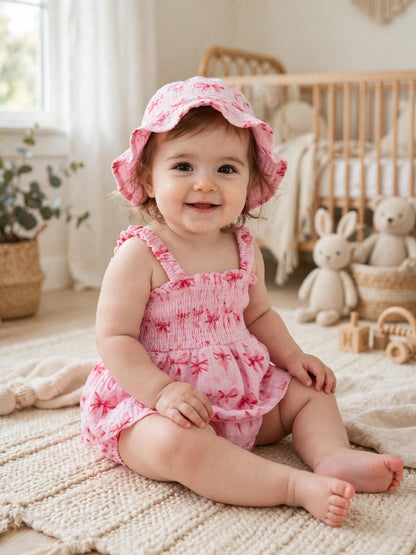 Pink Bow Print Romper with Matching Hat