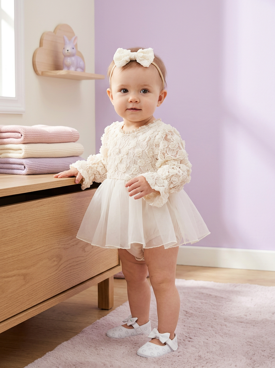 Elegant Cream Long Sleeve Tulle Dress Romper Set