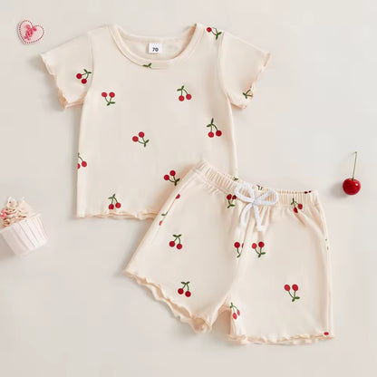 Beige Cherry Print Top & Shorts Set