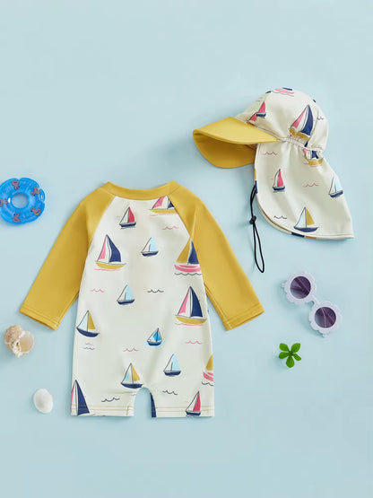 Nautical Sailboat Baby Swimsuit & Sun Hat Set