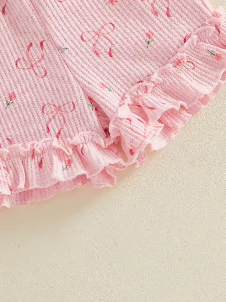 Pink Bow & Floral Top with Ruffle Shorts