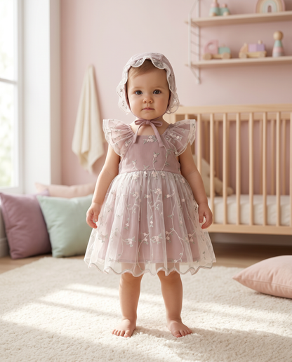 Vintage Rose Princess Lace Dress with Bonnet
