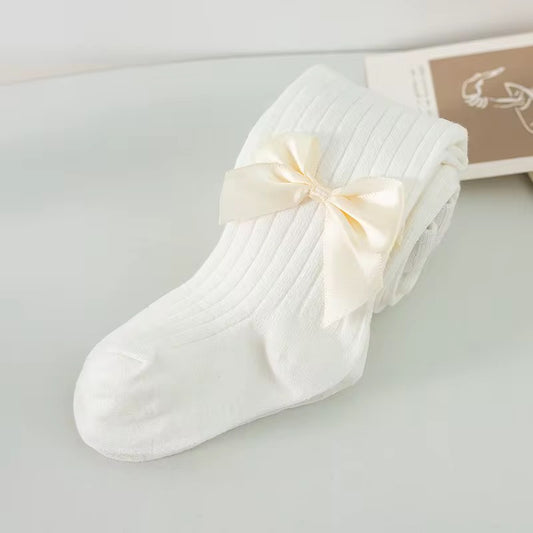 Soft White Cotton Tights with Side Satin Bows