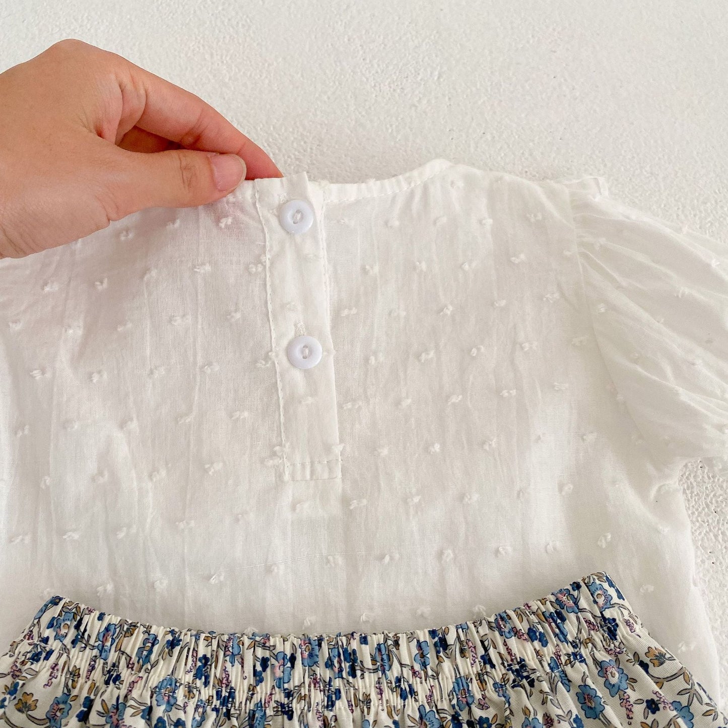 Lace Collar White Top & Blue Floral Shorts