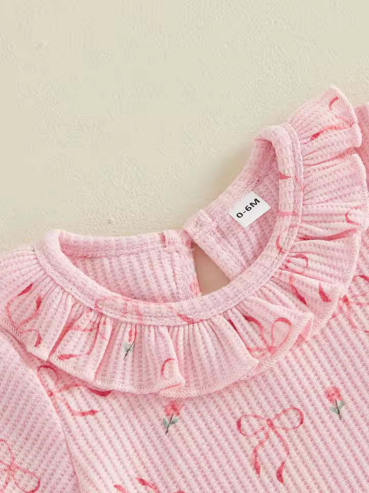 Pink Bow & Floral Top with Ruffle Shorts