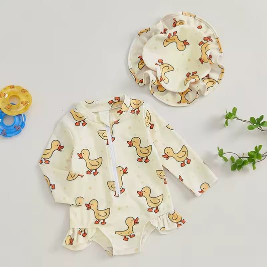 Baby Girl Duck Print Swimwear & Cap Set