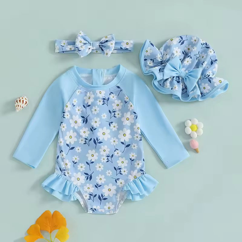 Girls' 3-Piece Blue Floral Swimsuit, Hat & Headband Set
