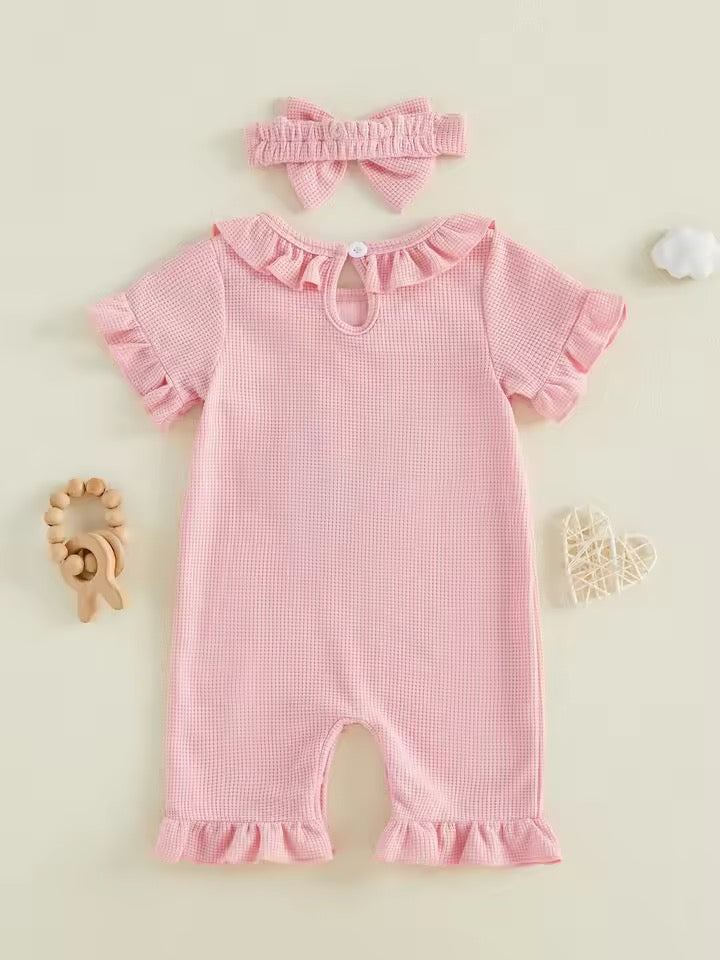 Pink Waffle Elephant Romper with Headband