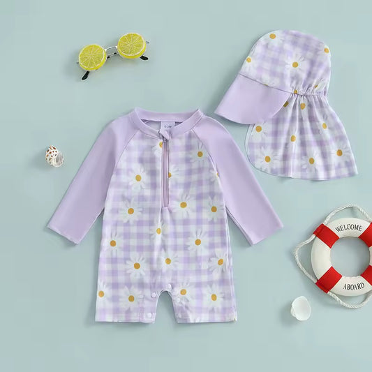 Pastel Flower Long Sleeve Swimwear & Matching Cap