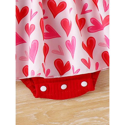 Red Heart Print Romper Dress & Bow Headband Set
