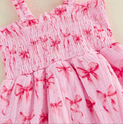 Pink Bow Print Romper with Matching Hat
