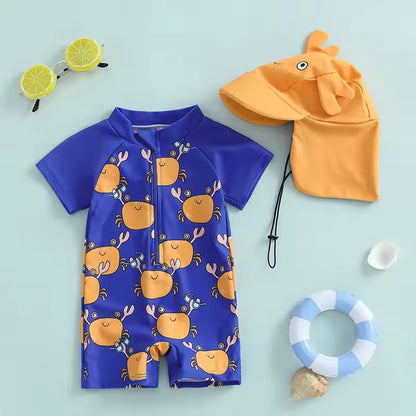 Happy Crab Print Baby Swimsuit with Character Sun Hat