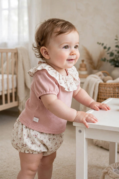Pink Floral Top & Printed Shorts Set