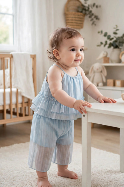 Sky Blue Ruffled Top & Pleated Pants Set