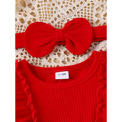 Red Heart Print Romper Dress & Bow Headband Set
