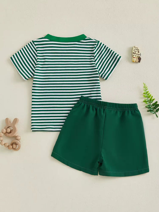 Red Summer T-Shirt with Watermelon Pocket & Striped Shorts