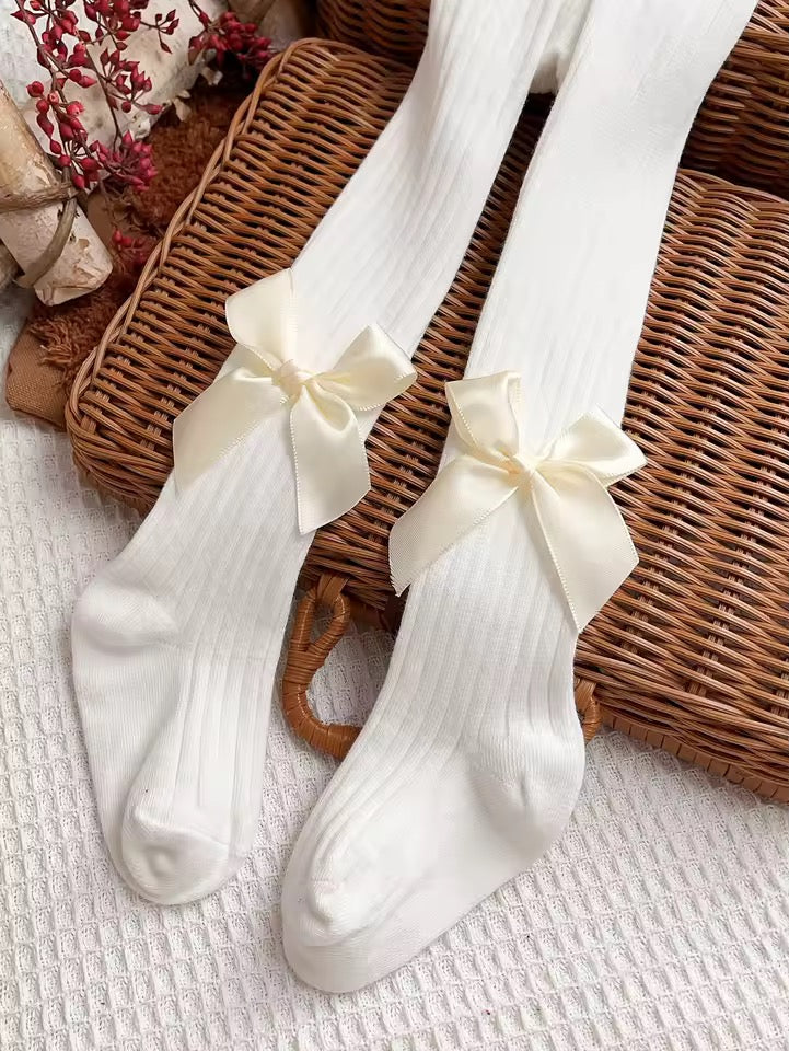 Soft White Cotton Tights with Side Satin Bows