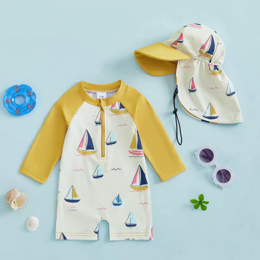 Nautical Sailboat Baby Swimsuit & Sun Hat Set