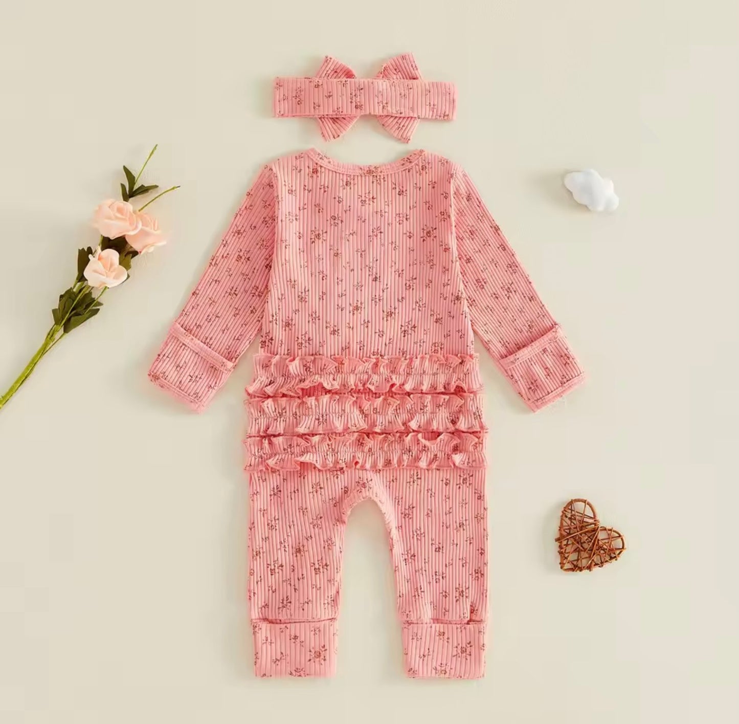 Soft Pink Floral Romper with Headband