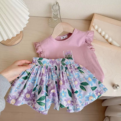 Pink Ruffle Top & Floral Wide Pants Set