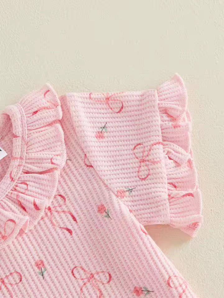 Pink Bow & Floral Top with Ruffle Shorts
