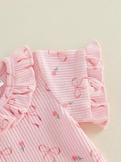 Pink Bow & Floral Top with Ruffle Shorts