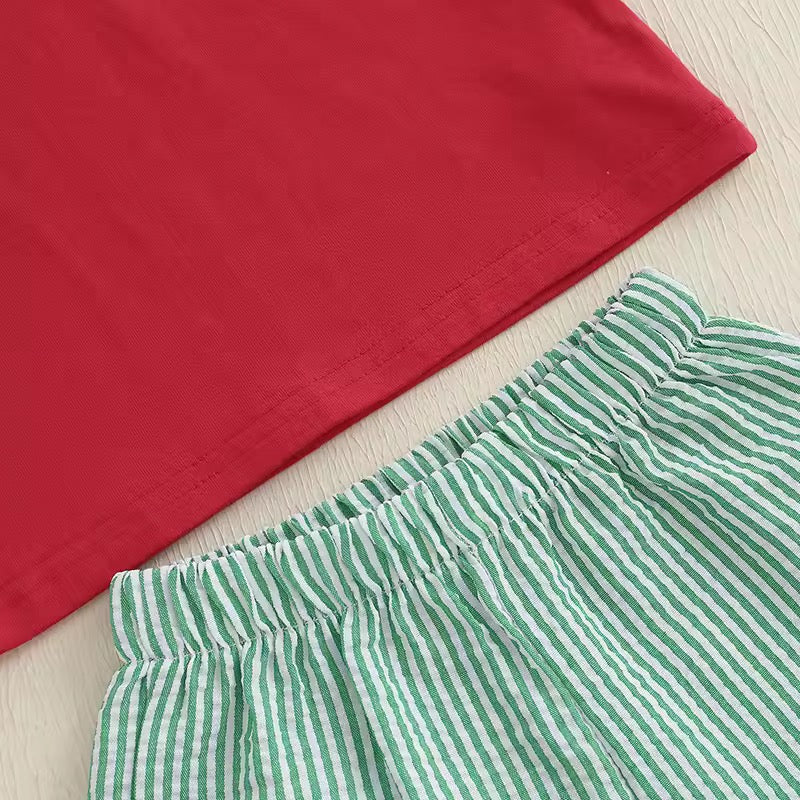 Green Striped T-Shirt with Watermelon Motif & Matching Shorts