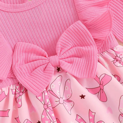 Pink Bow Print Romper Dress & Headband Set