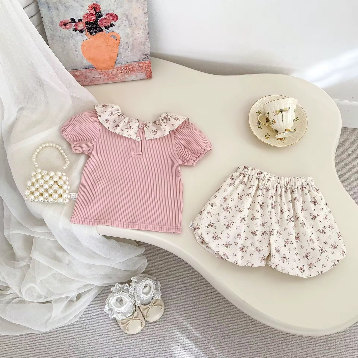 Pink Floral Top & Printed Shorts Set