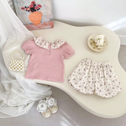 Pink Floral Top & Printed Shorts Set