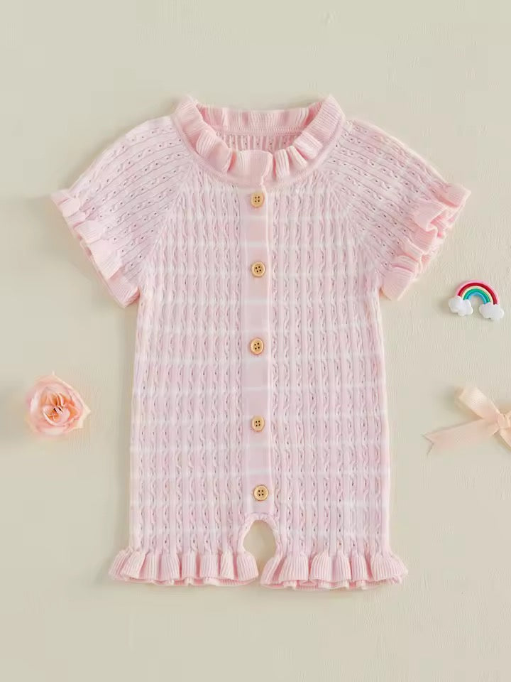 Soft Pink Knit Ruffle Short-Sleeve Romper