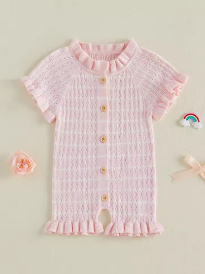 Soft Pink Knit Ruffle Short-Sleeve Romper