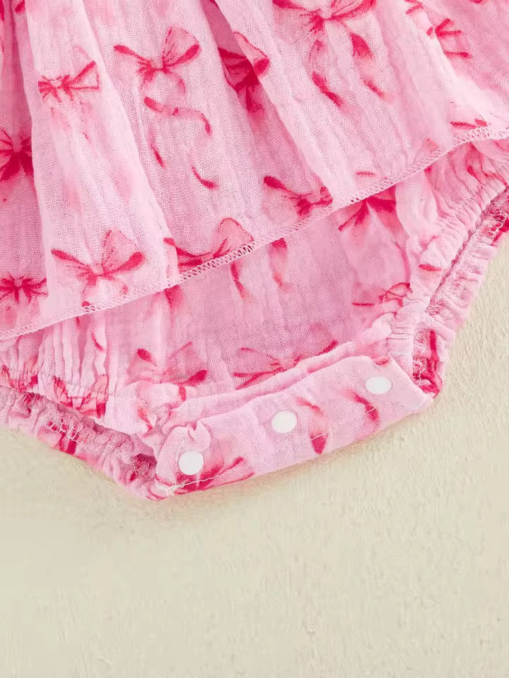 Pink Bow Print Romper with Matching Hat