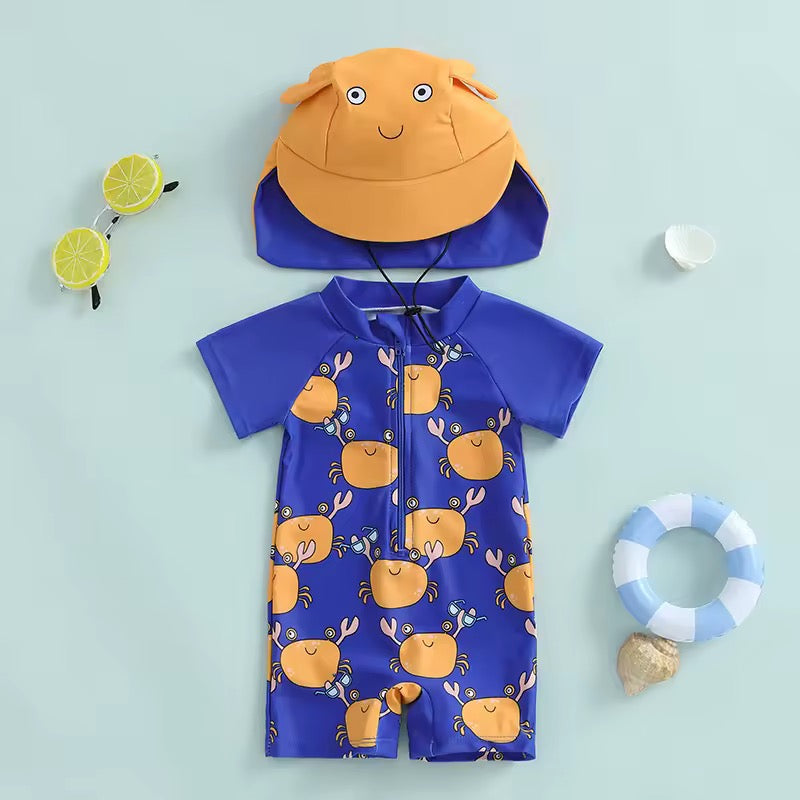 Happy Crab Print Baby Swimsuit with Character Sun Hat