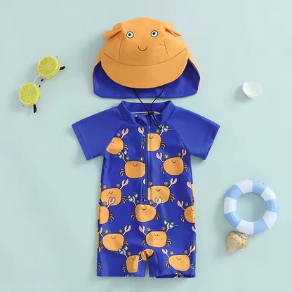 Happy Crab Print Baby Swimsuit with Character Sun Hat