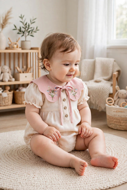 Floral Embroidered Collar Cotton Linen Romper