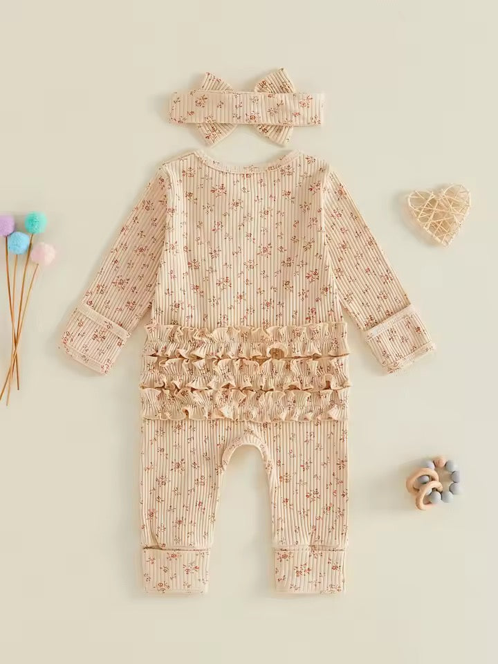 Soft Khaki Floral Romper with Headband