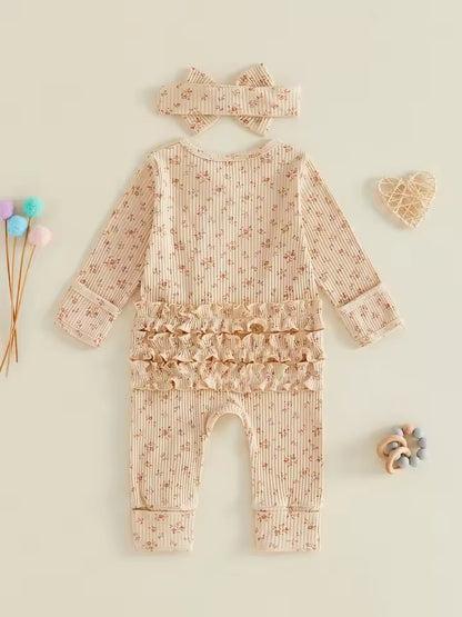 Soft Khaki Floral Romper with Headband