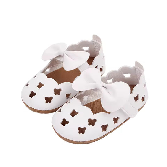 Elegant White Cut-Out Baby Shoes with Bow