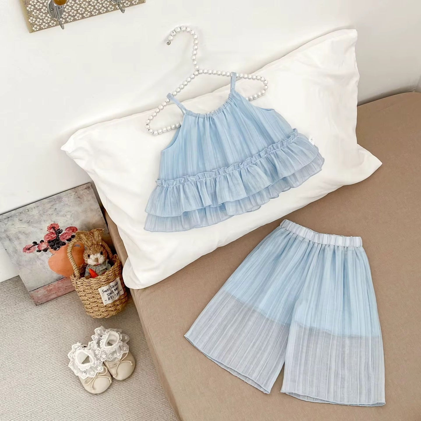 Sky Blue Ruffled Top & Pleated Pants Set