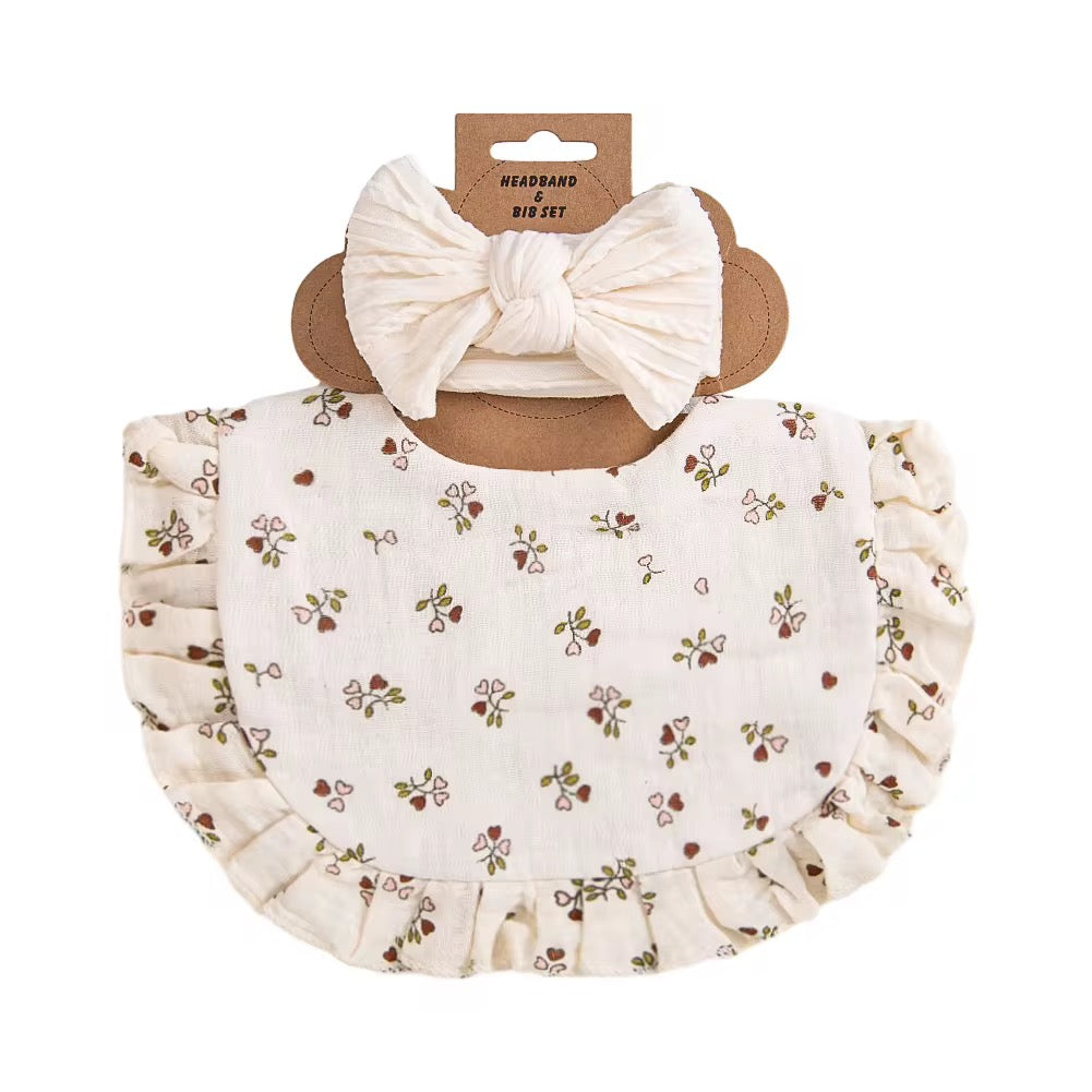 Ruffled Muslin Bib & Headband Set – Cream Cherries