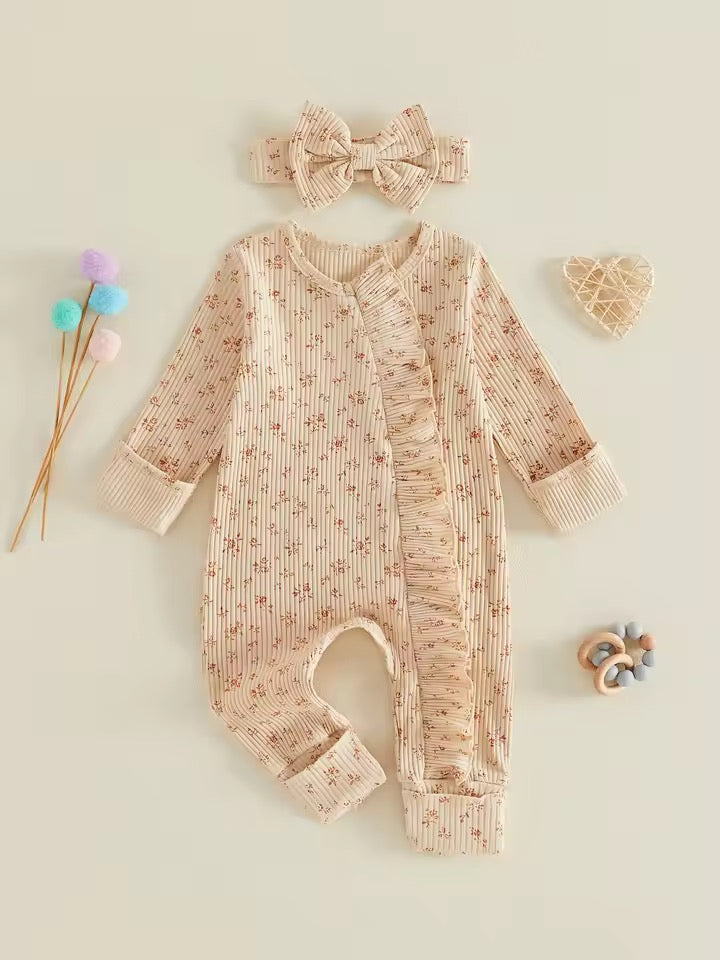 Soft Khaki Floral Romper with Headband