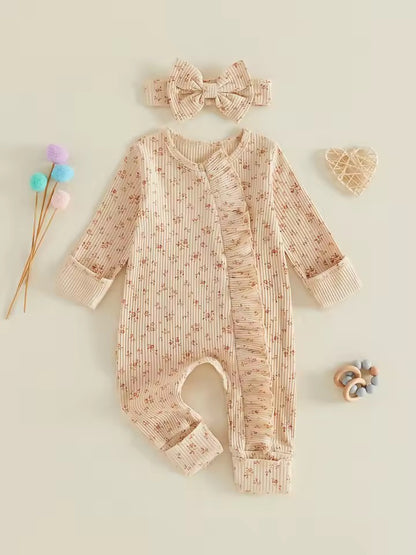 Soft Khaki Floral Romper with Headband