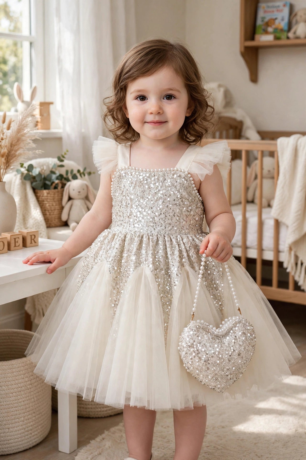 Beige Sequin Party Dress with Matching Bag